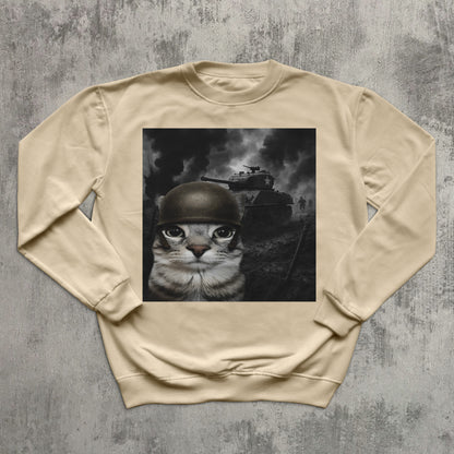 Cat in Battlefield Funny Meme Sweatshirt, Stupid Gifts, Silly Cats Sweater, Kitten Soldier Sweatshirts, Weird Tops, Ugly Sweaters, Cat Lover