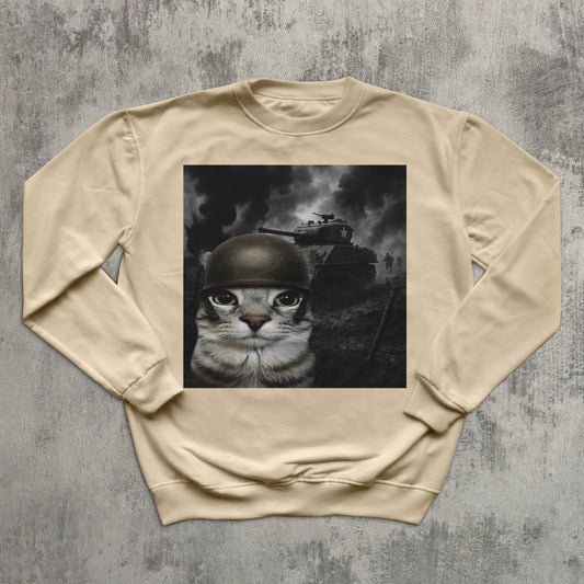 Cat in Battlefield Funny Meme Sweatshirt, Stupid Gifts, Silly Cats Sweater, Kitten Soldier Sweatshirts, Weird Tops, Ugly Sweaters, Cat Lover