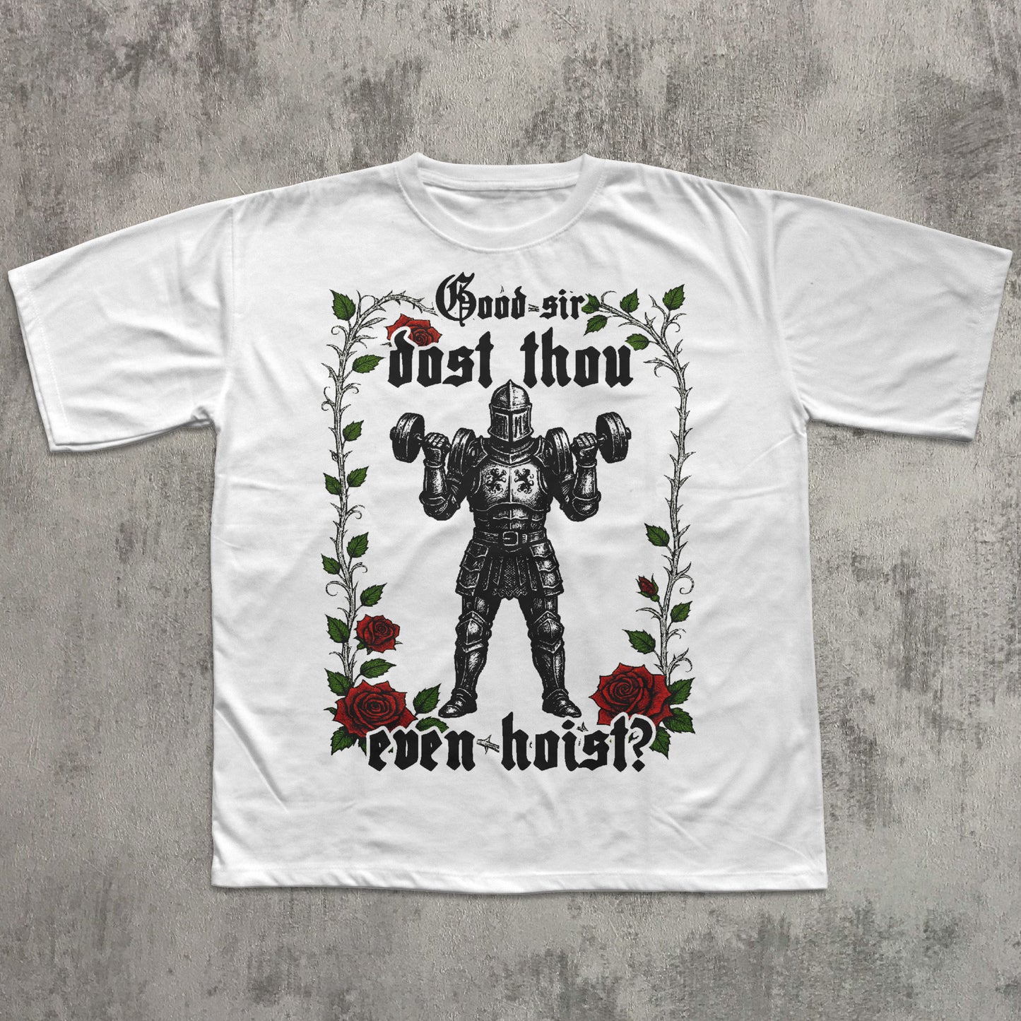 White t-shirt with a graphic design of a knight lifting weights, roses, and text on a concrete background.