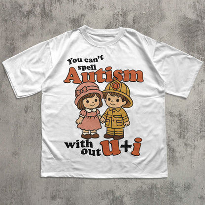 White t-shirt with cartoon characters and text on a gray concrete background