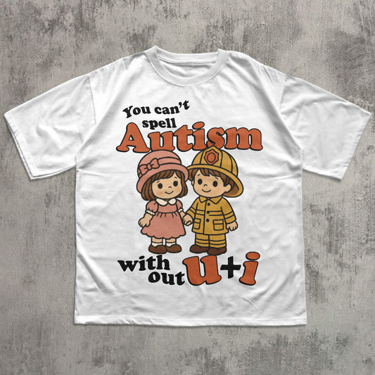 White t-shirt with cartoon characters and text on a gray concrete background