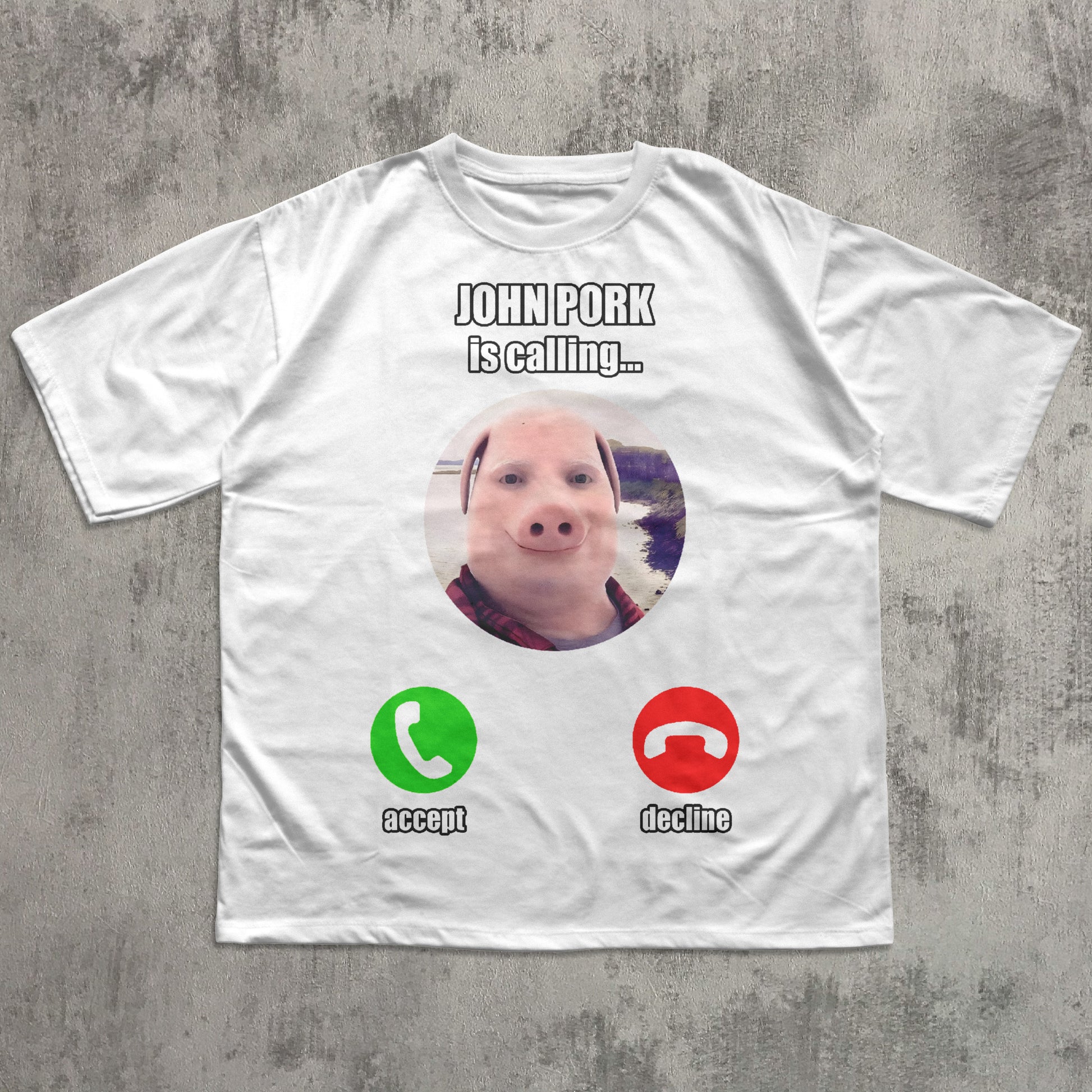 funny brainrot john pork meme White t-shirt with a graphic of a pig and text on a concrete surface