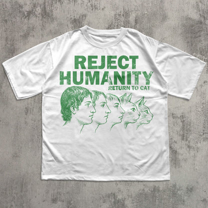 White t-shirt with green text and graphic on a textured gray background