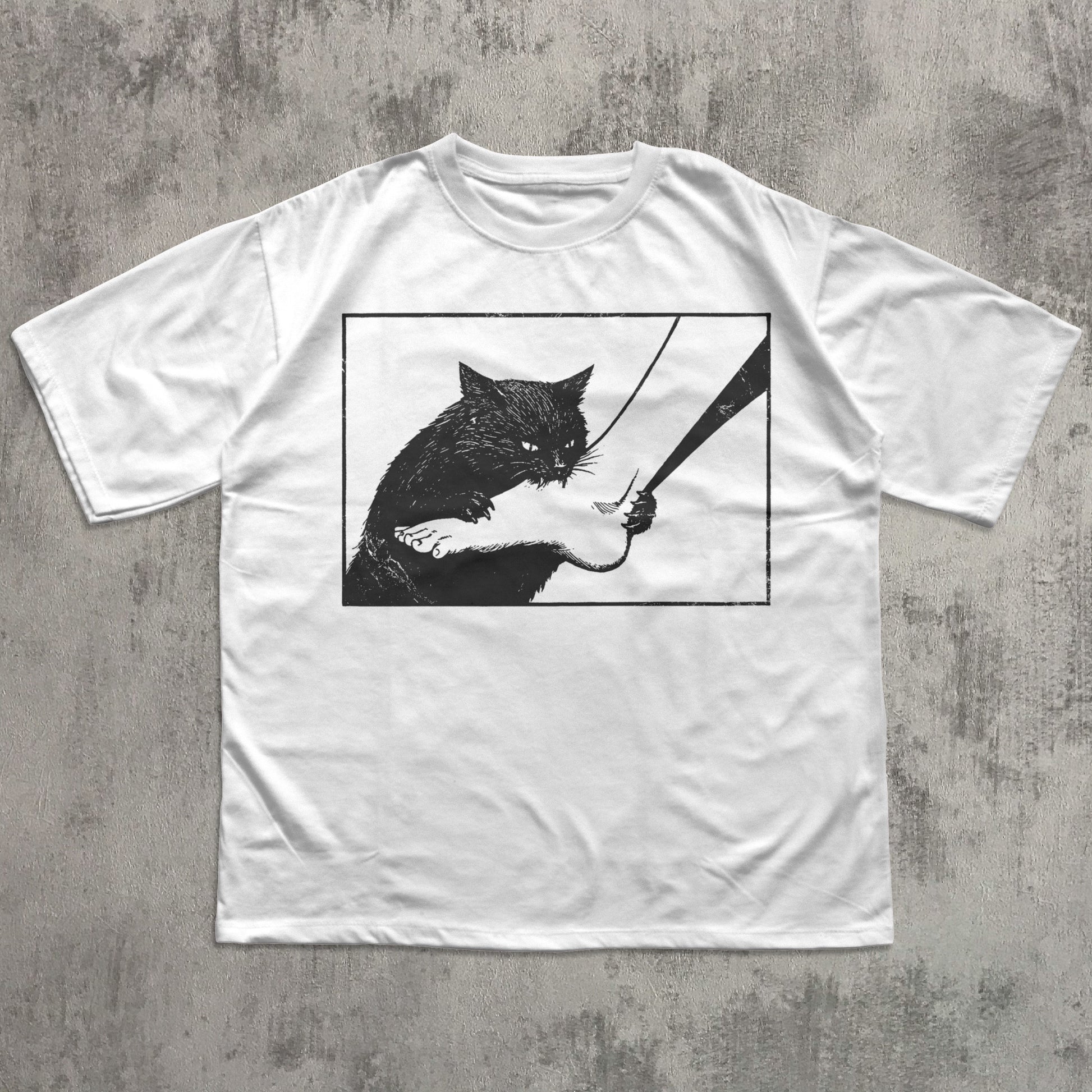 Edgy black cat art t-shirt with retro cat illustration design, unique gift for cat owners and cat lovers