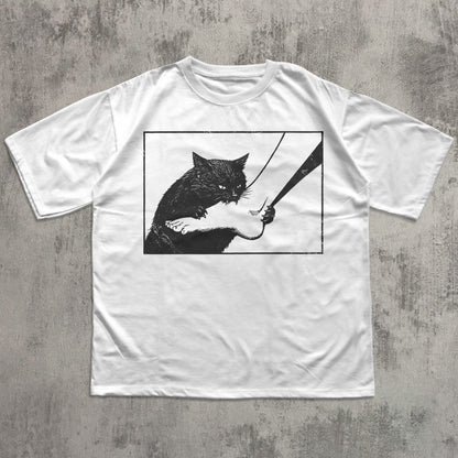 Edgy black cat art t-shirt with retro cat illustration design, unique gift for cat owners and cat lovers