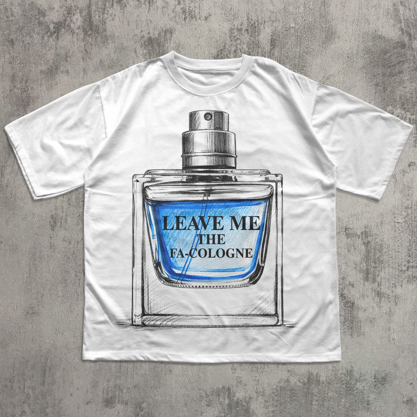 White t-shirt with a graphic of a cologne bottle and text on a concrete surface