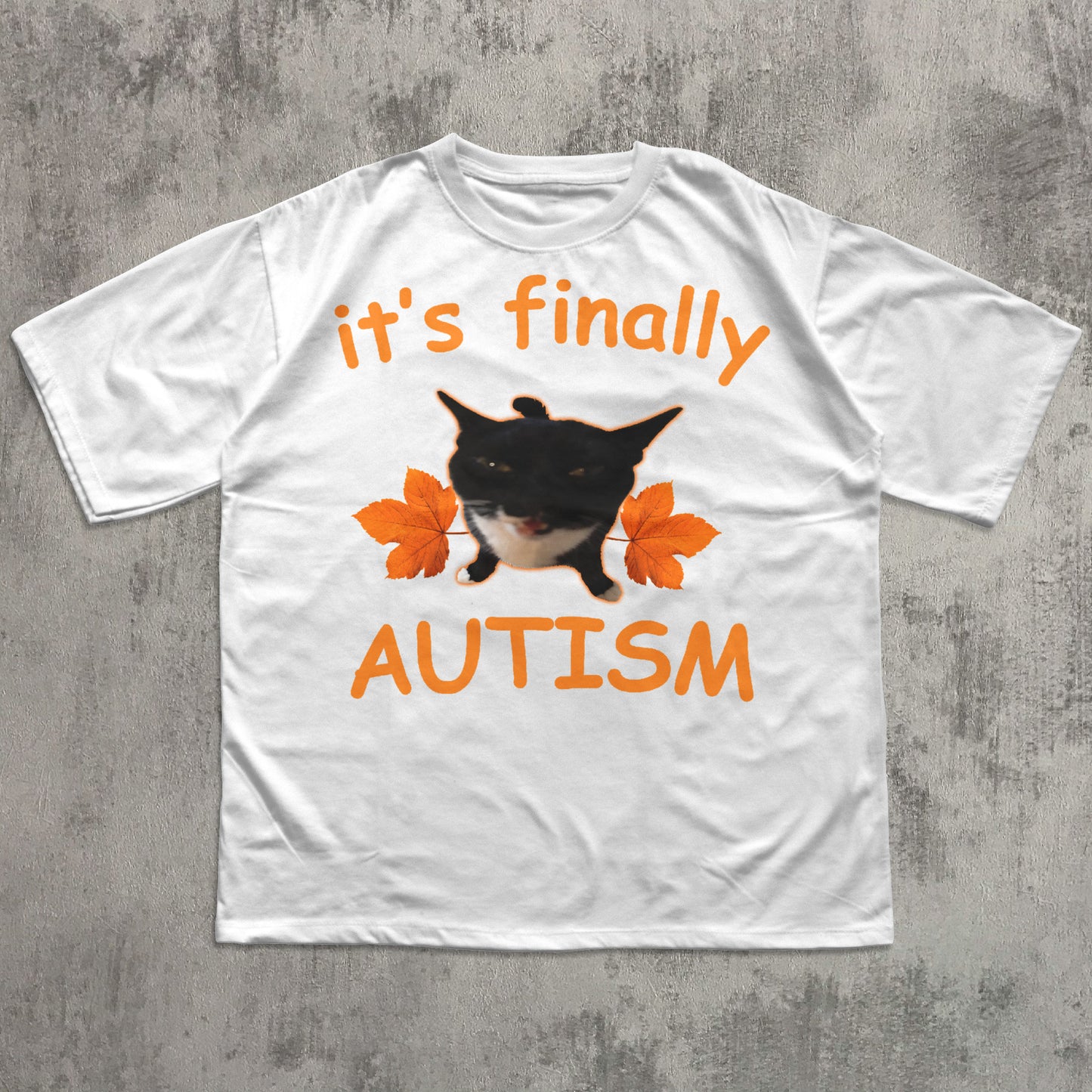 White t-shirt with a black cat graphic and text on a gray concrete background