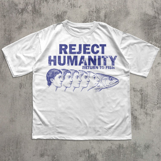 White t-shirt with purple graphic and text on a concrete surface