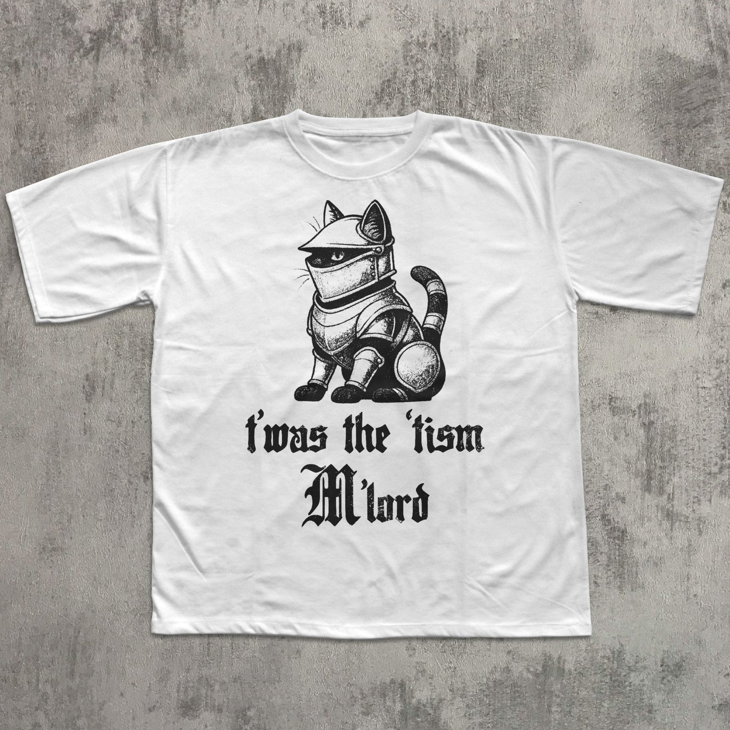 White t-shirt with a graphic of a cat in armor and text on a concrete surface