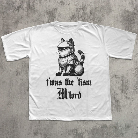 White t-shirt with a graphic of a cat in armor and text on a concrete surface