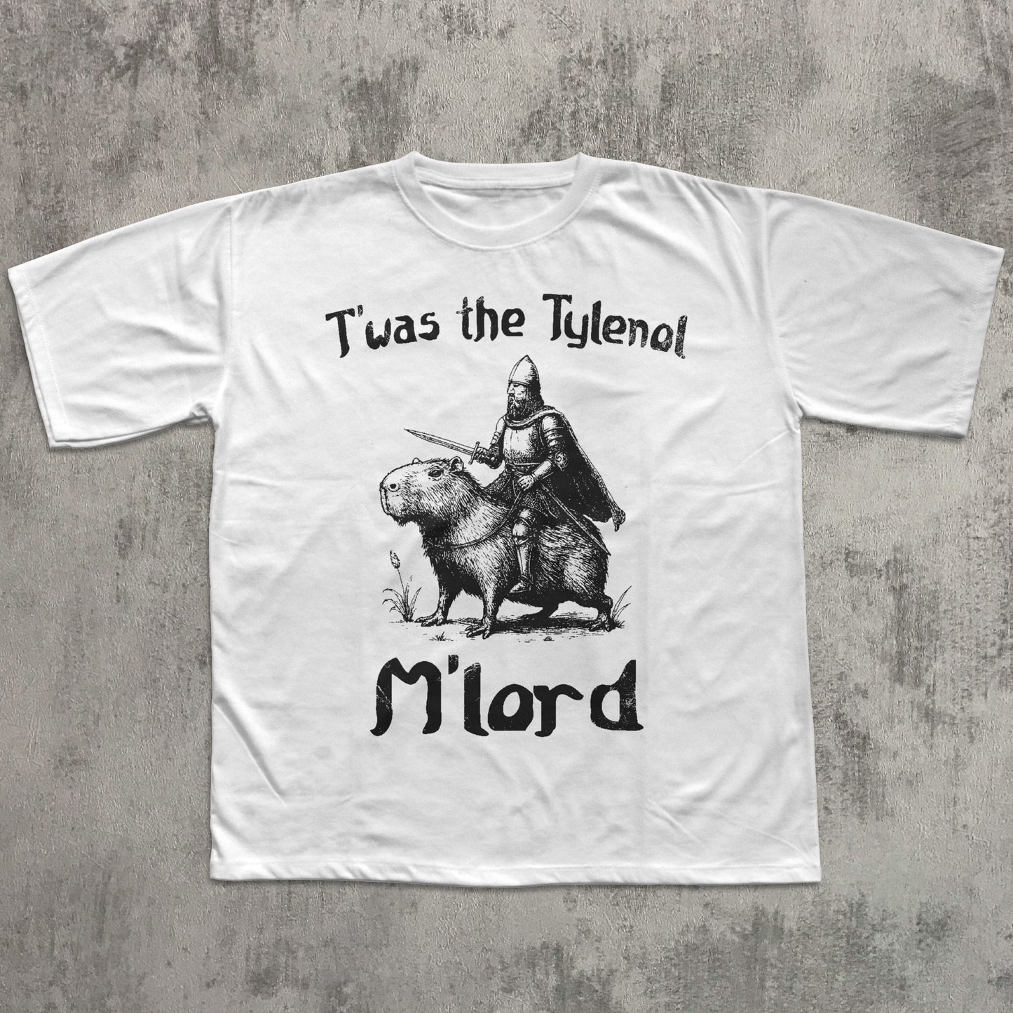 White t-shirt with black graphic and text on a textured gray background