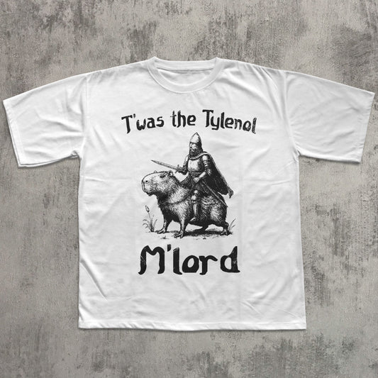 White t-shirt with black graphic and text on a textured gray background