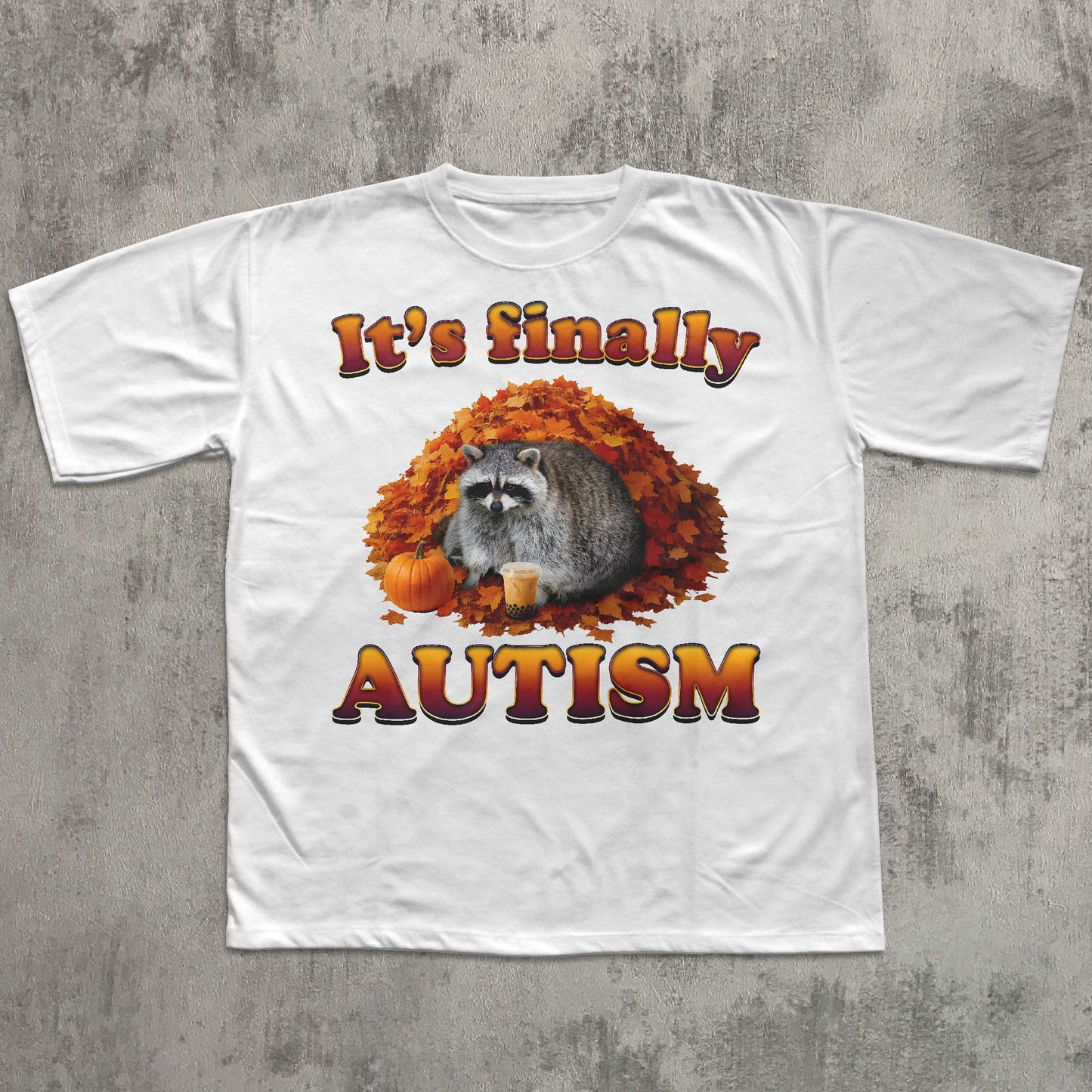 White t-shirt with a raccoon graphic and text on a concrete surface