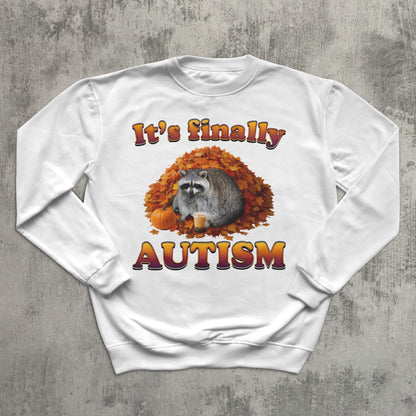 sweatshirt with raccoon and autumn design on a textured gray background