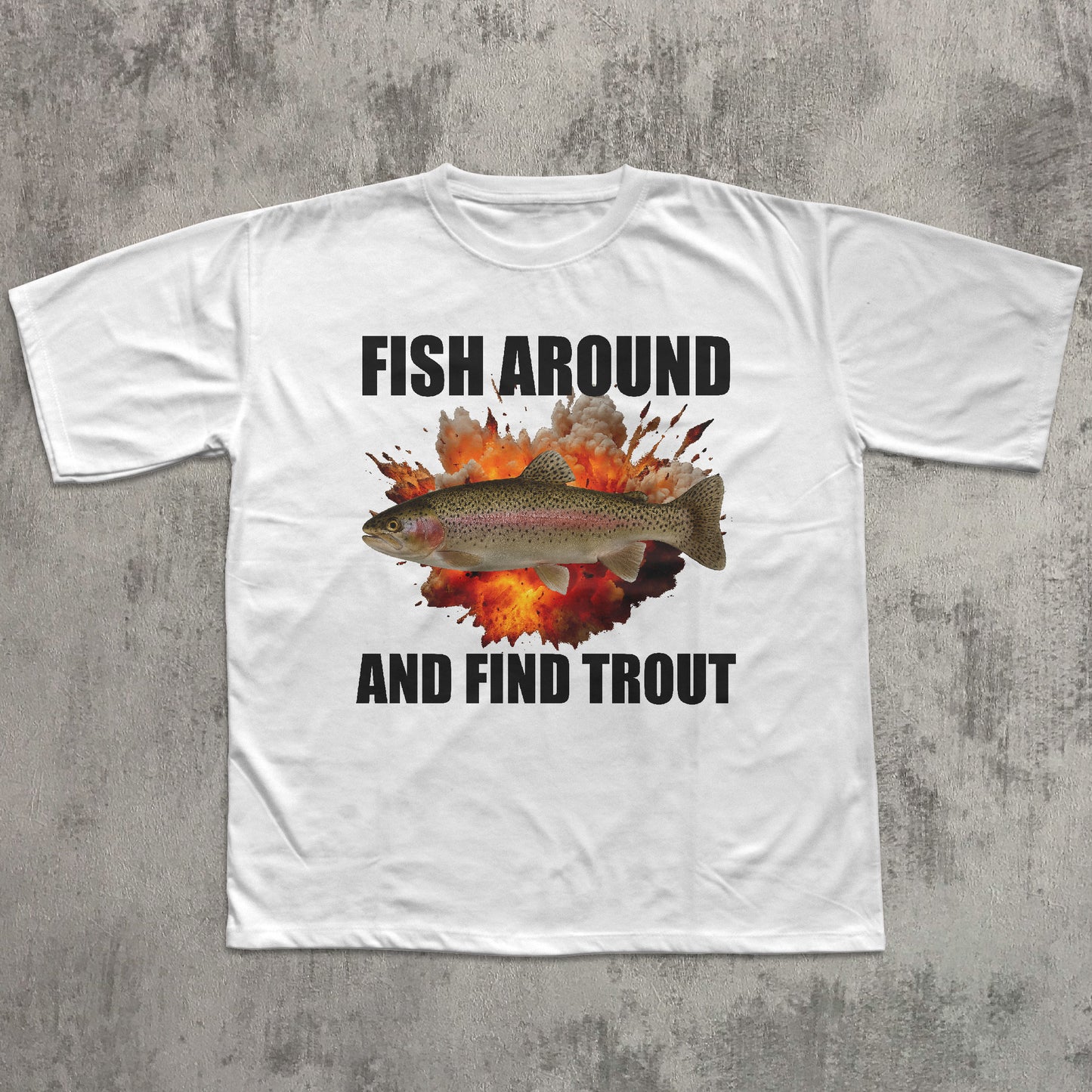White t-shirt with fishing graphic and text on a gray background