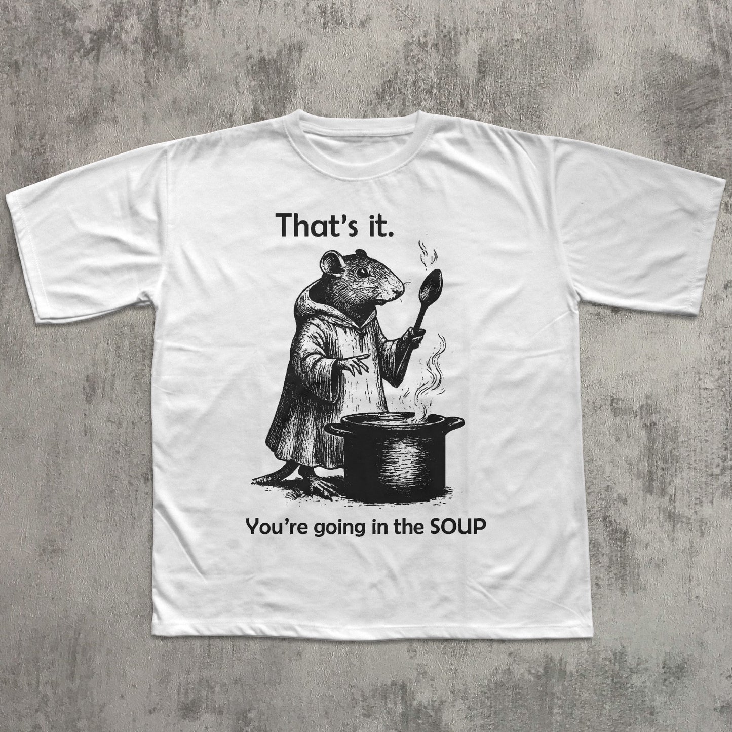 White t-shirt with a graphic of a rat and text on a textured gray background