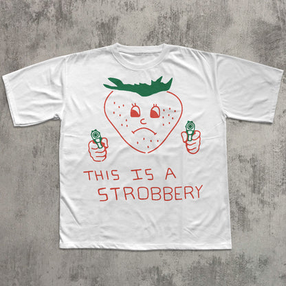 White t-shirt with a strawberry graphic and text on a concrete surface