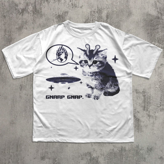 Y2k Retro Alien Cat T-shirt, Vintage Graphic Tee, Silly Gnarp Gnap Cats Shirt