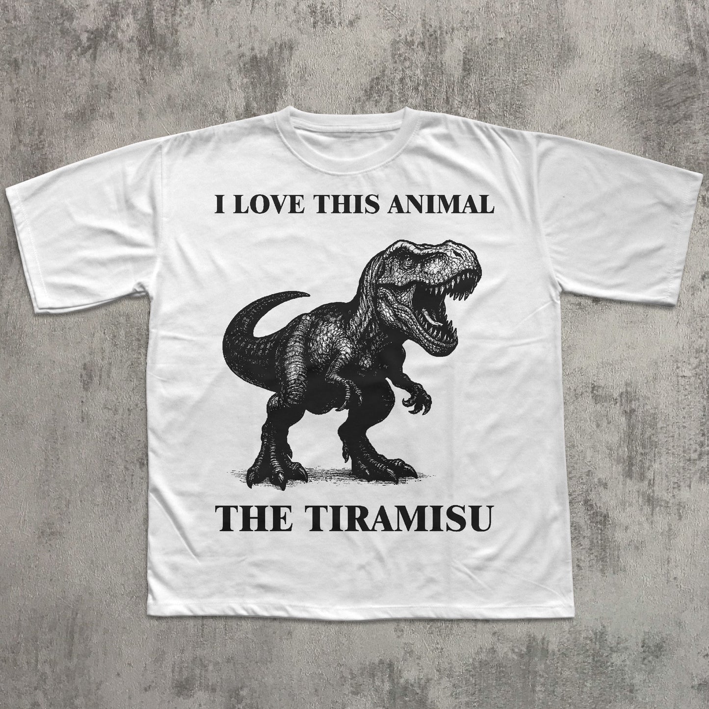 White t-shirt with a dinosaur graphic and text on a textured gray background