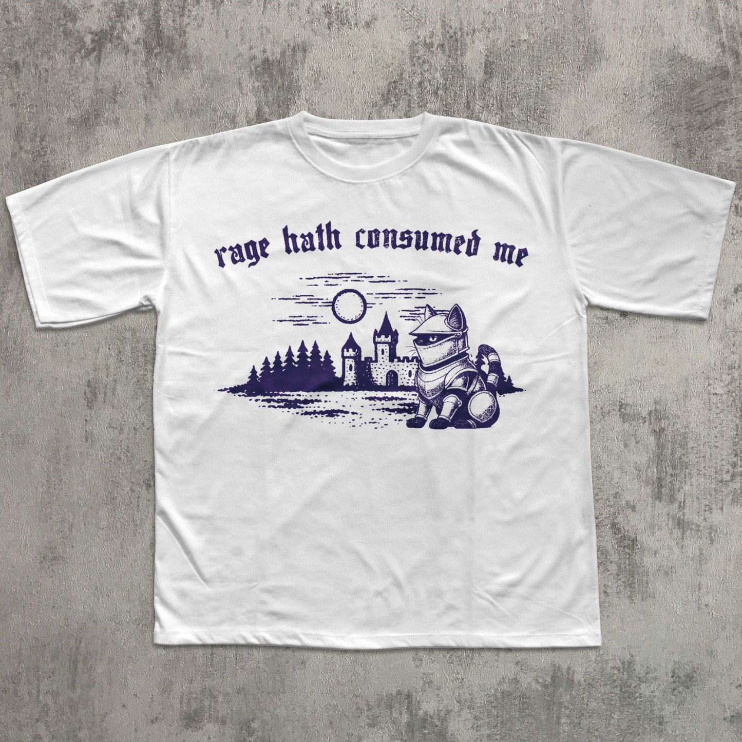 White t-shirt with purple graphic and text on a textured gray background