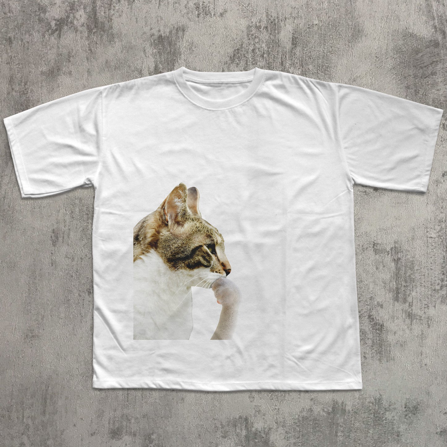 White t-shirt with a cat print on a textured gray background
