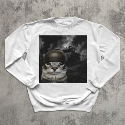 Cat in Battlefield Funny Meme Sweatshirt, Stupid Gifts, Silly Cats Sweater, Kitten Soldier Sweatshirts, Weird Tops, Ugly Sweaters, Cat Lover