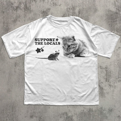 Support The Locals Y2k Cat And Mouse T-shirt, Vintage Graphic Cats Tee, Retro Kitten Shirt