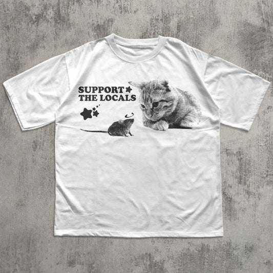 Support The Locals Y2k Cat And Mouse T-shirt, Vintage Graphic Cats Tee, Retro Kitten Shirt